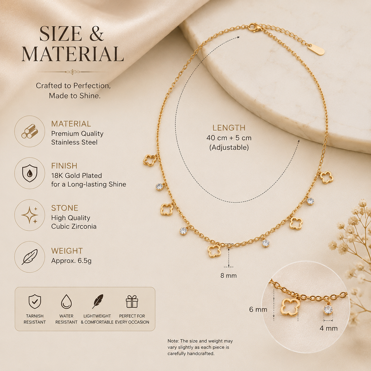 Clover Charm Gold-Tone Necklace for Women – Minimal Crystal Station Chain for Daily Wear & Gifting