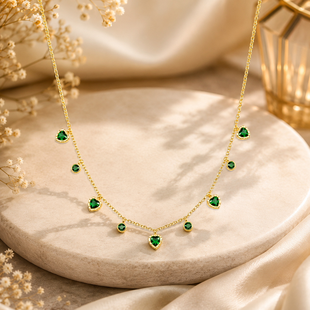 Emerald Heart Gold-Tone Green Stone Necklace & Earrings Set for Women – Elegant Party & Daily Wear Jewellery