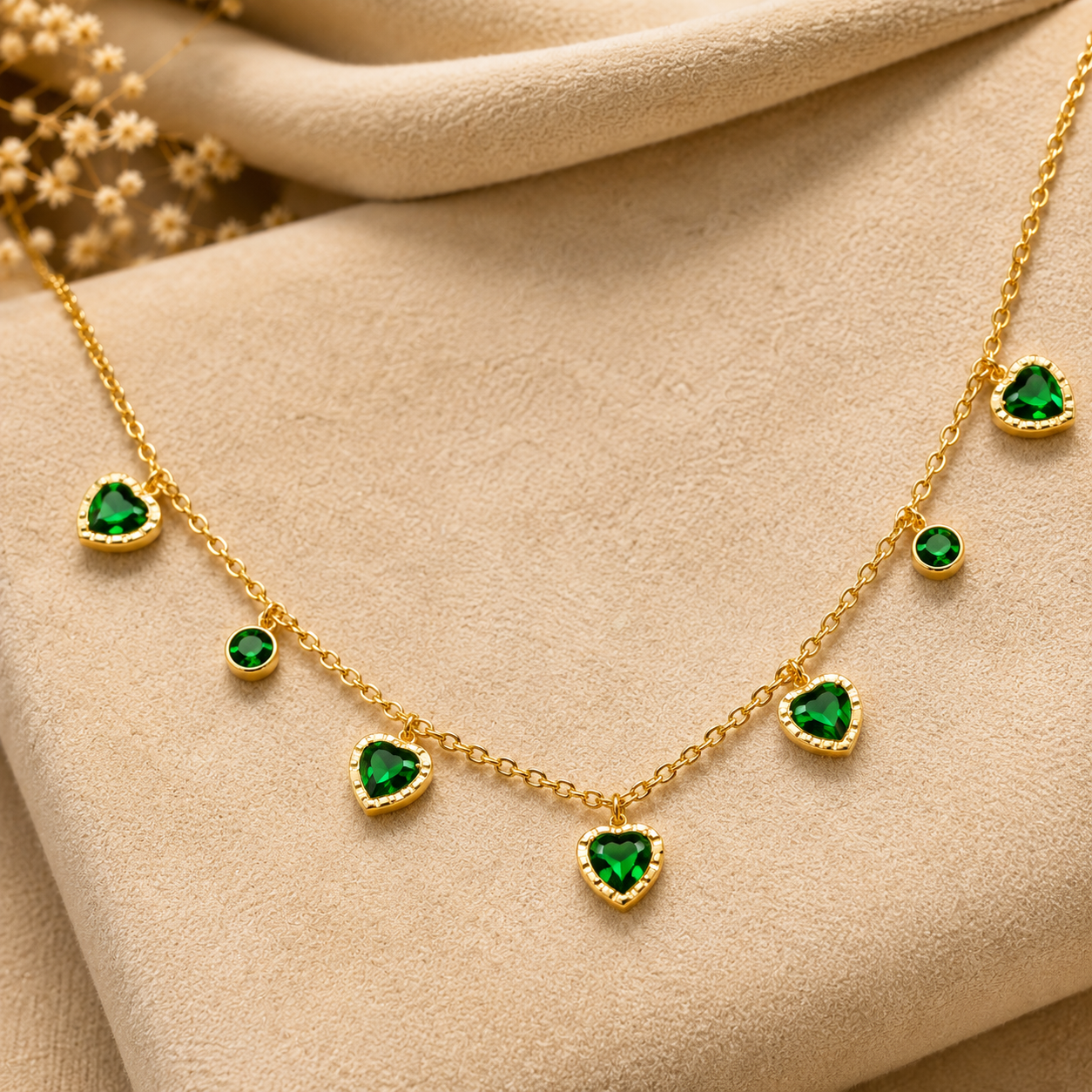 Emerald Heart Gold-Tone Green Stone Necklace & Earrings Set for Women – Elegant Party & Daily Wear Jewellery
