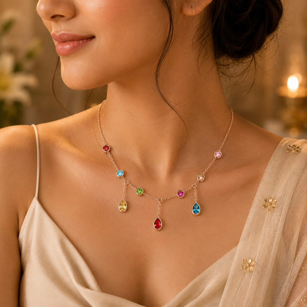 Rainbow Radiance Gold-Tone Multicolor Crystal Drop Necklace for Women – Colorful Statement & Party Wear Necklace