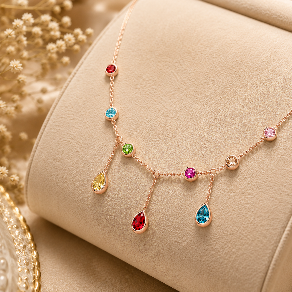 Rainbow Radiance Gold-Tone Multicolor Crystal Drop Necklace for Women – Colorful Statement & Party Wear Necklace