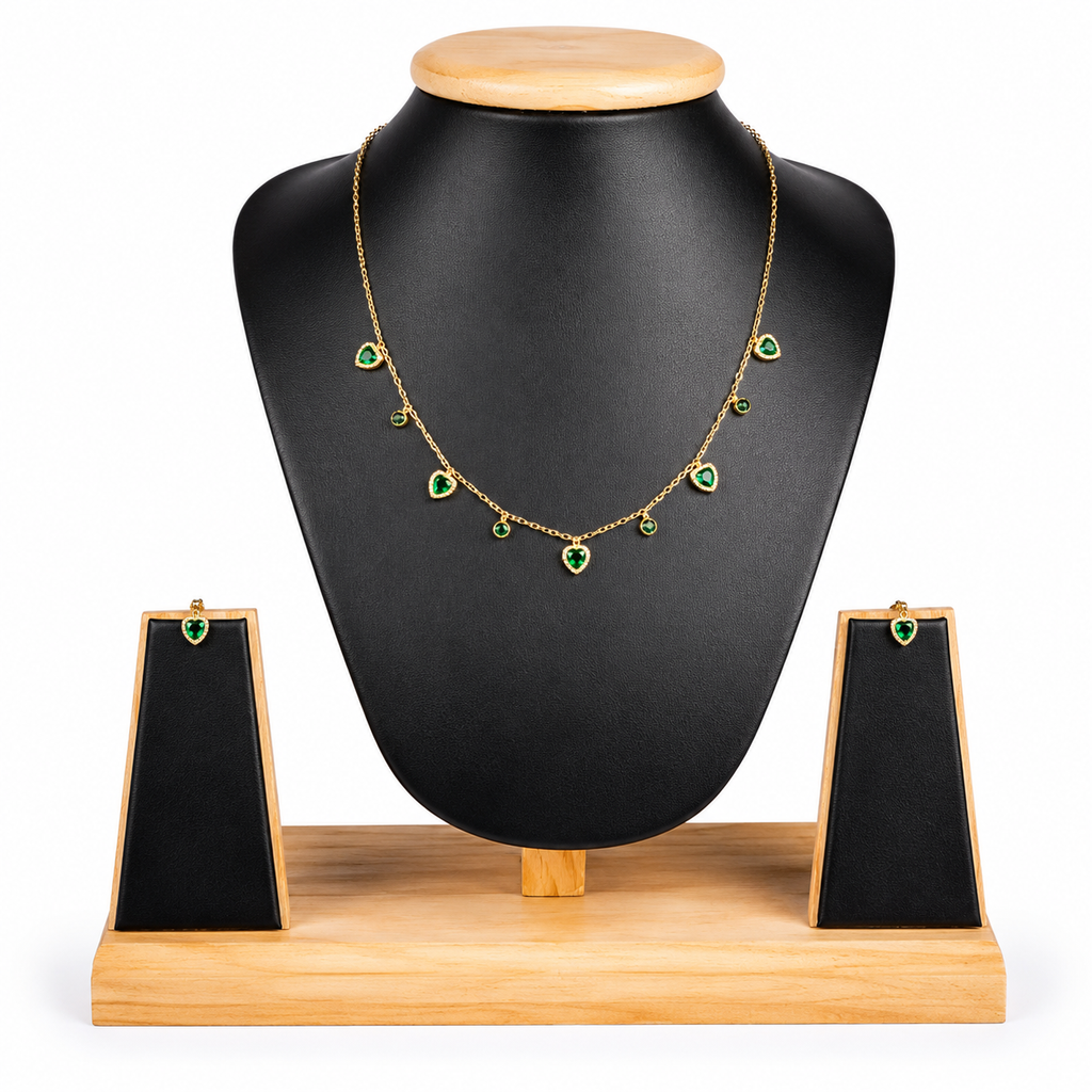 Emerald Heart Gold-Tone Green Stone Necklace And Earring Set