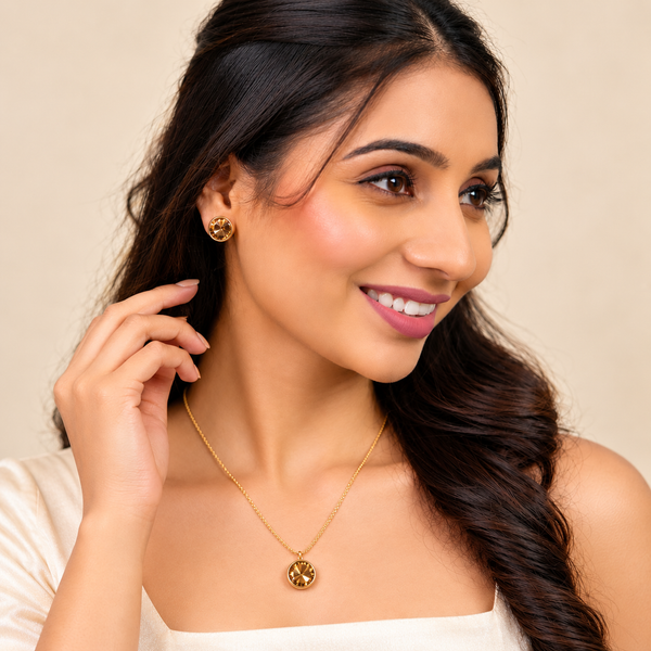 Gold-Toned Round Crystal Pendant Necklace & Stud Earrings Jewellery