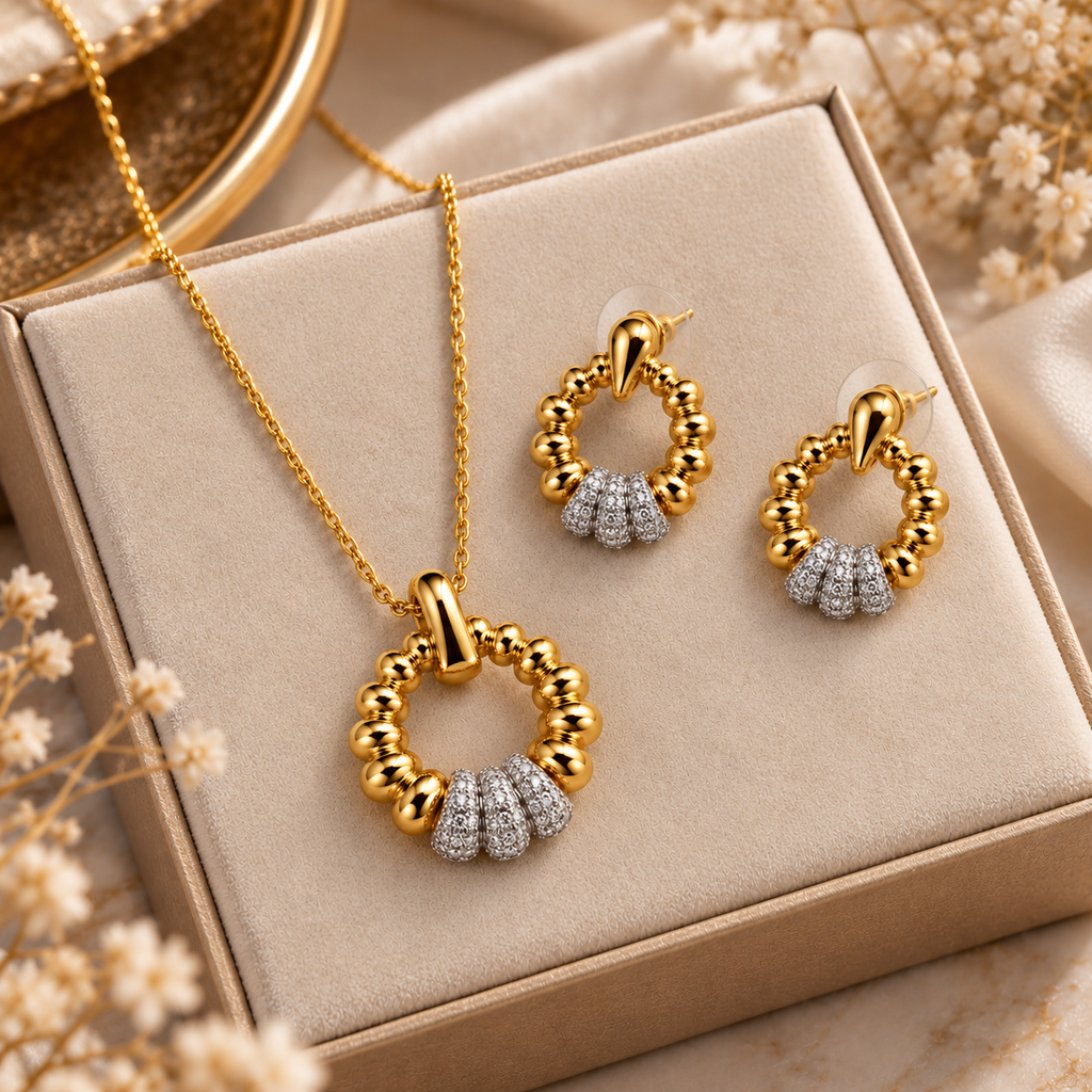 Gold-Toned & Silver-Toned Beaded Circular Pendant Necklace and Earrings Jewellery