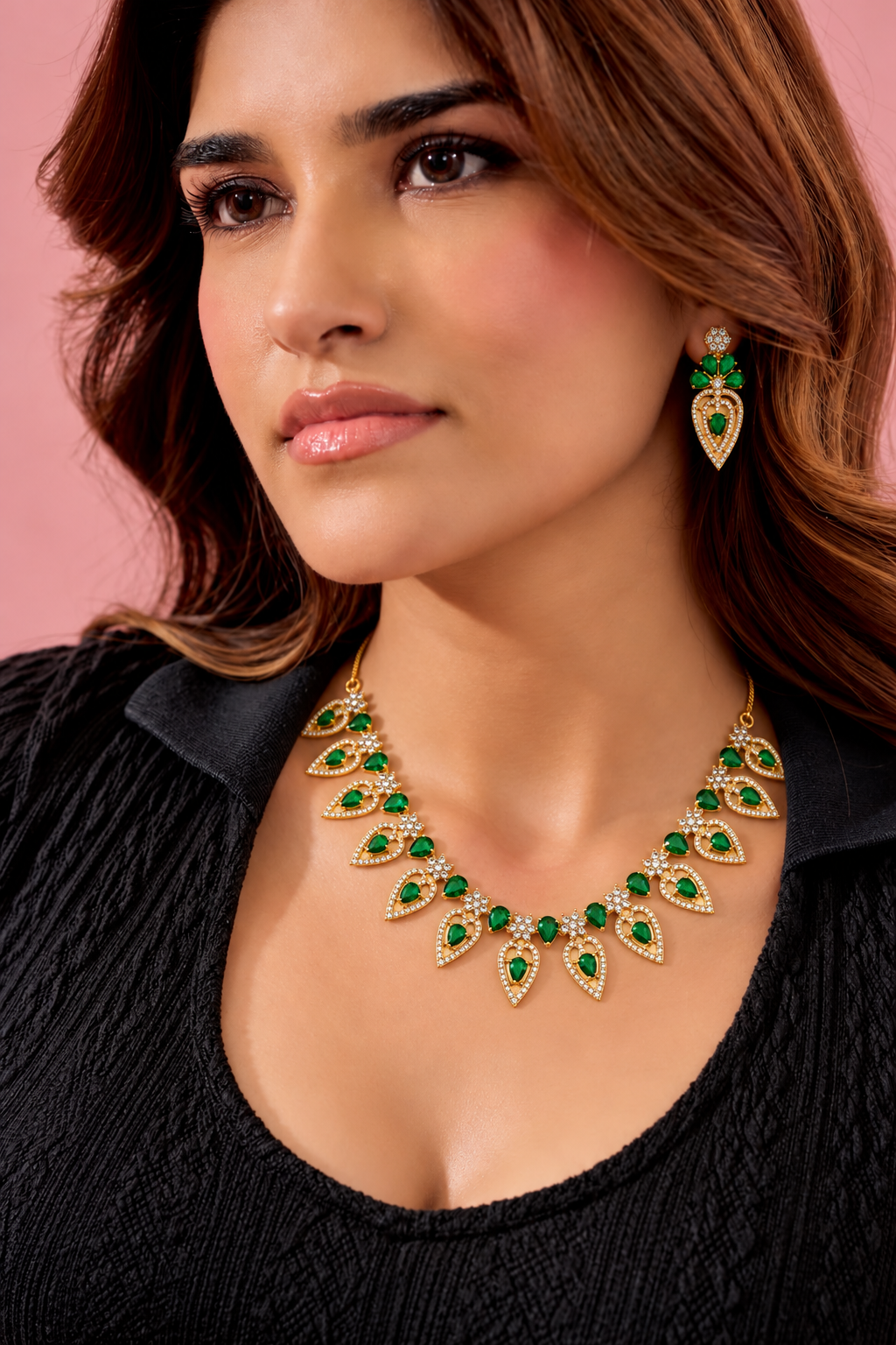 Green Stone Gold Plated Bridal Necklace Set