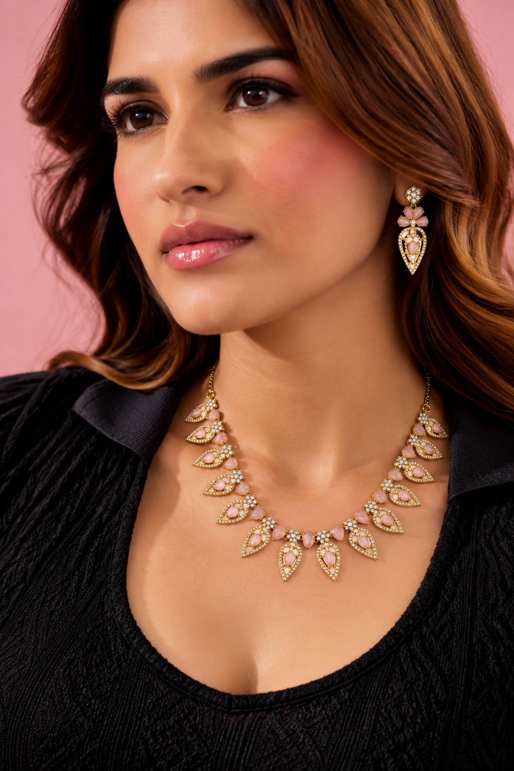Gold Plated American Diamond (AD) Pink Stone Necklace Set