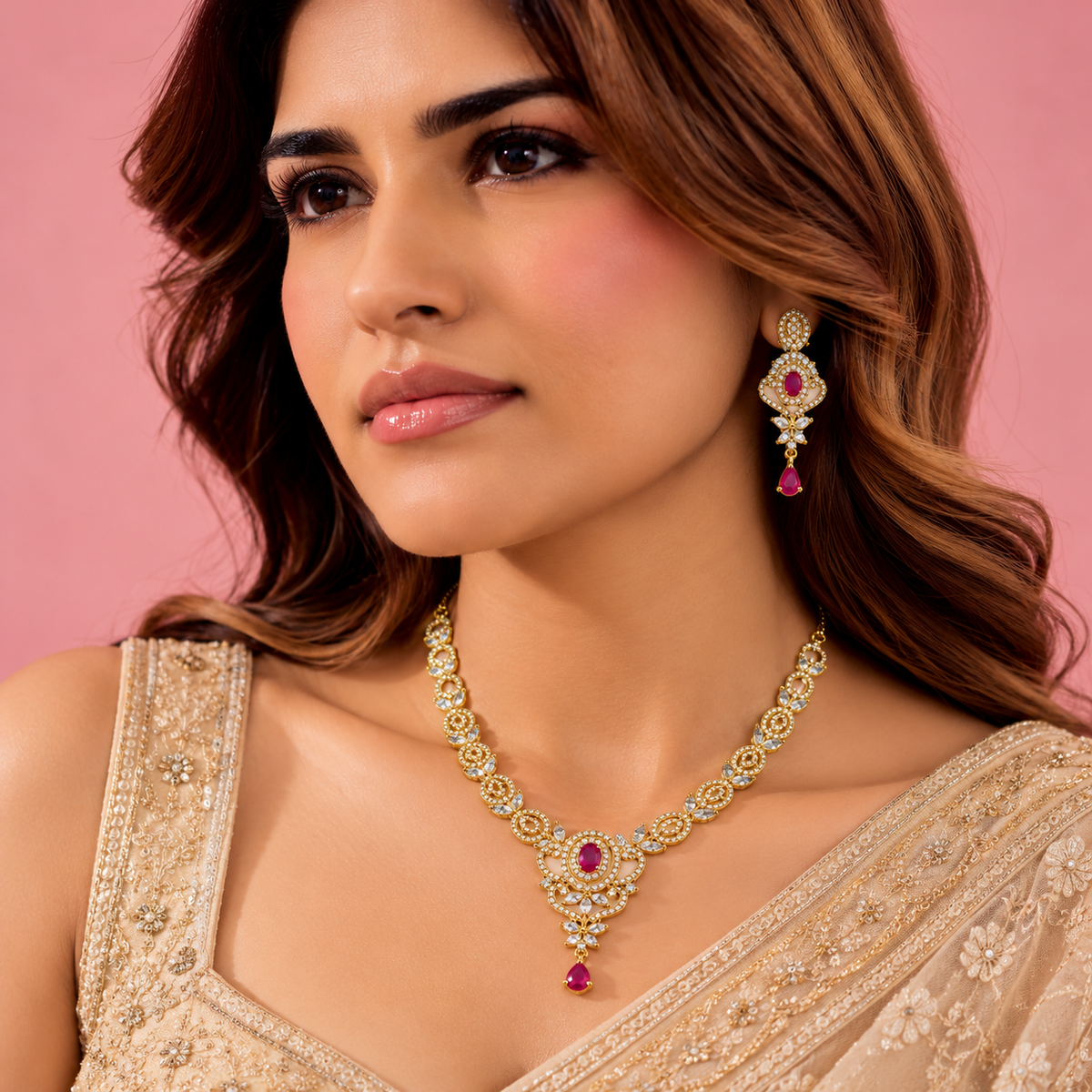 Gold Plated Ruby Stone Necklace Set with Earrings