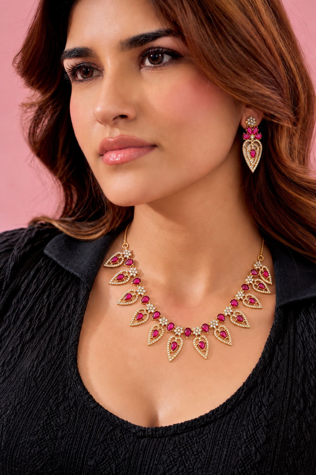 Gold Plated Red Stone Bridal Necklace Set