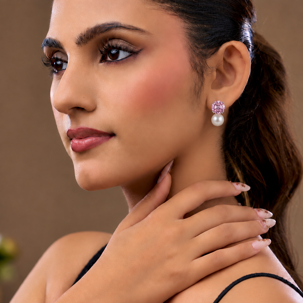 Pink Crystal Pearl Stud Earrings