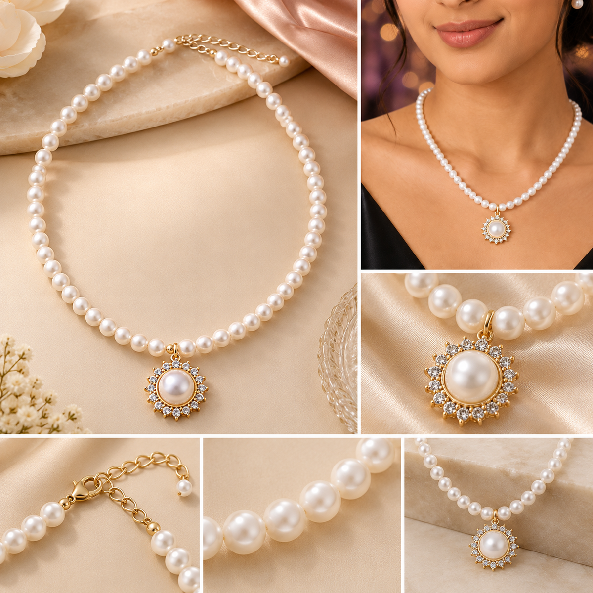 Pearl Royale Gold-Tone Sunburst Pendant Necklace for Women – Classic White Pearl Statement Necklace