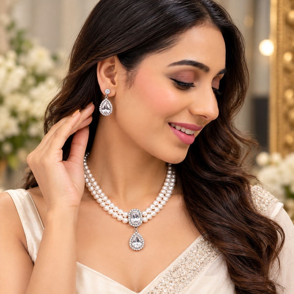 Royal Pearl Radiance Double-Layer Necklace & Crystal Drop Earrings Set for Women – Elegant Wedding & Party Jewellery