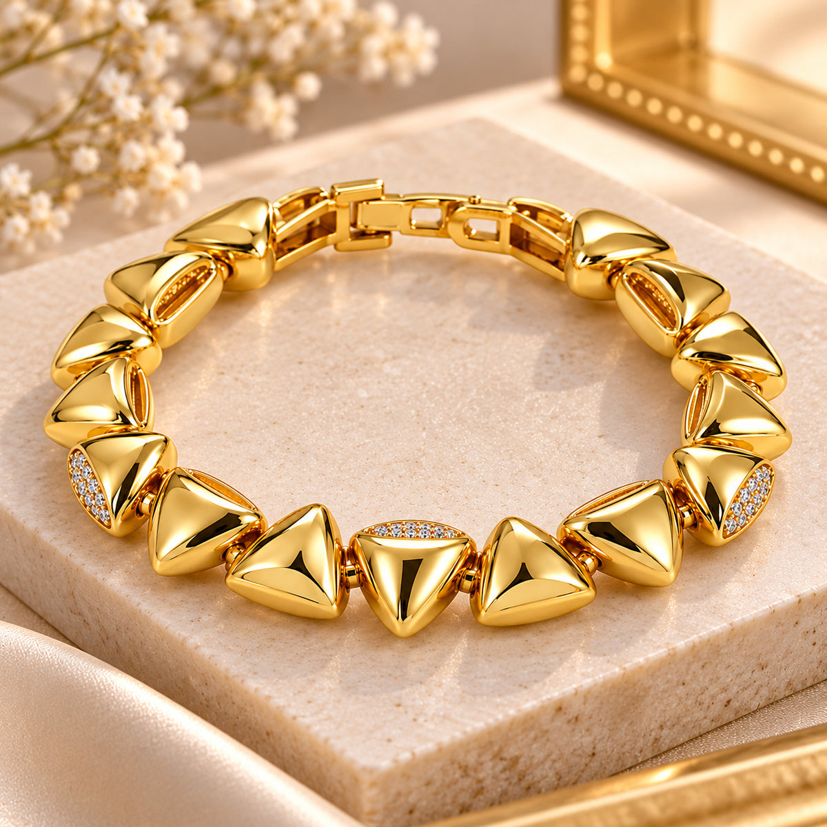 Women's Gold-Toned Geometric Triangle Link Bracelet with Stone Accents