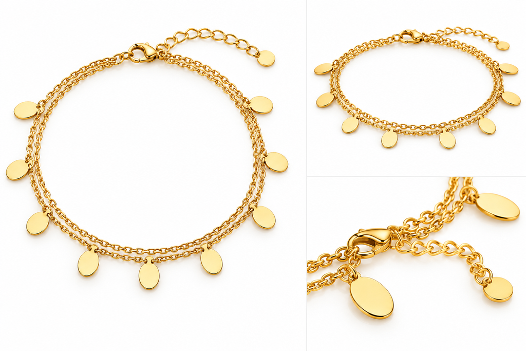 Golden Drops Gold-Plated Disc Charm Bracelet for Women – Double Layer Adjustable Minimalist Bracelet