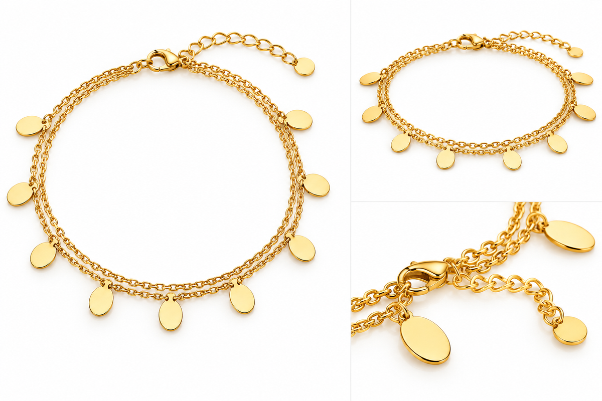 Golden Drops Gold-Plated Disc Charm Bracelet for Women – Double Layer Adjustable Minimalist Bracelet