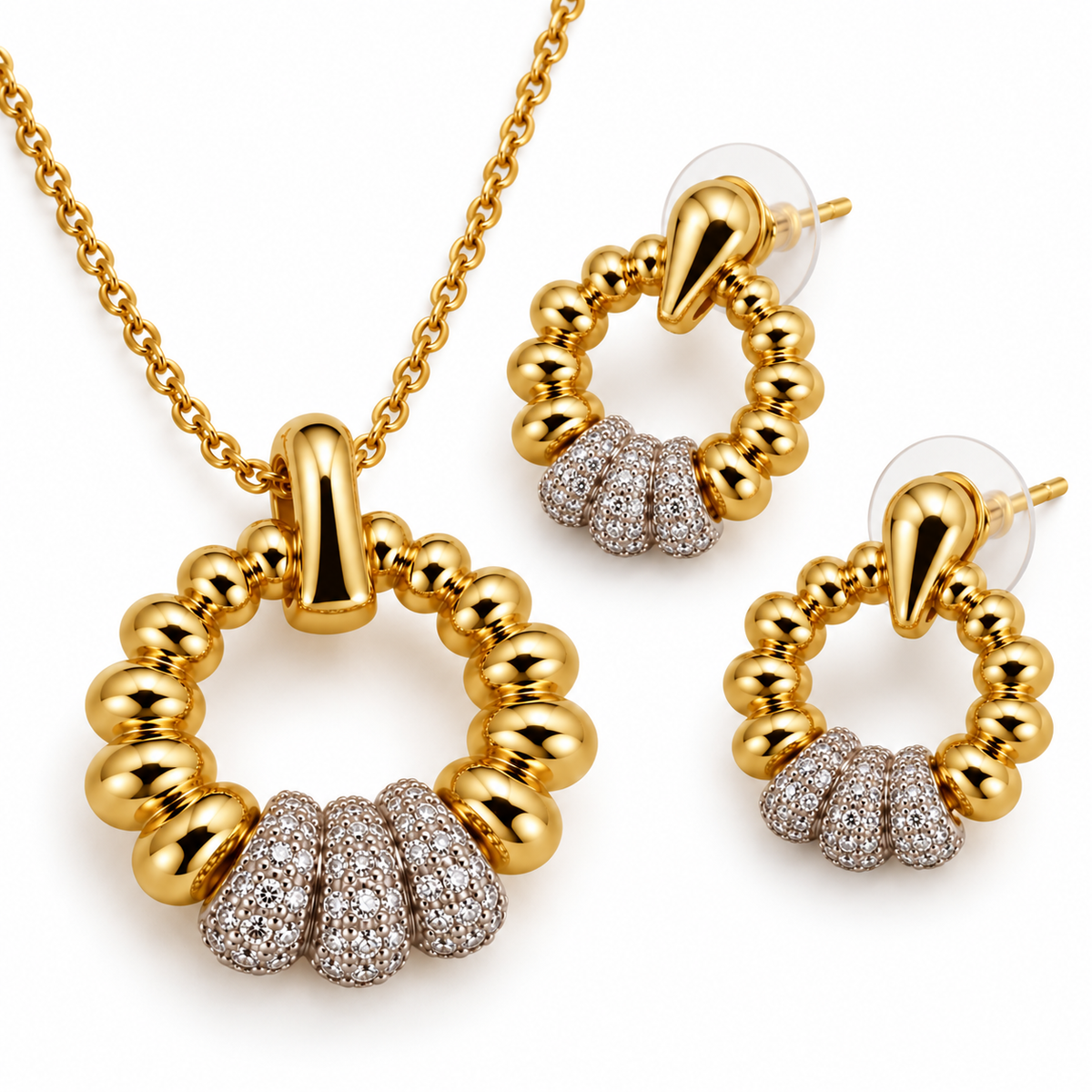 Gold-Toned & Silver-Toned Beaded Circular Pendant Necklace and Earrings Jewellery