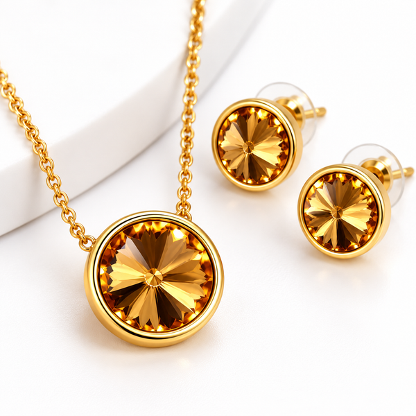 Gold-Toned Round Crystal Pendant Necklace & Stud Earrings Jewellery