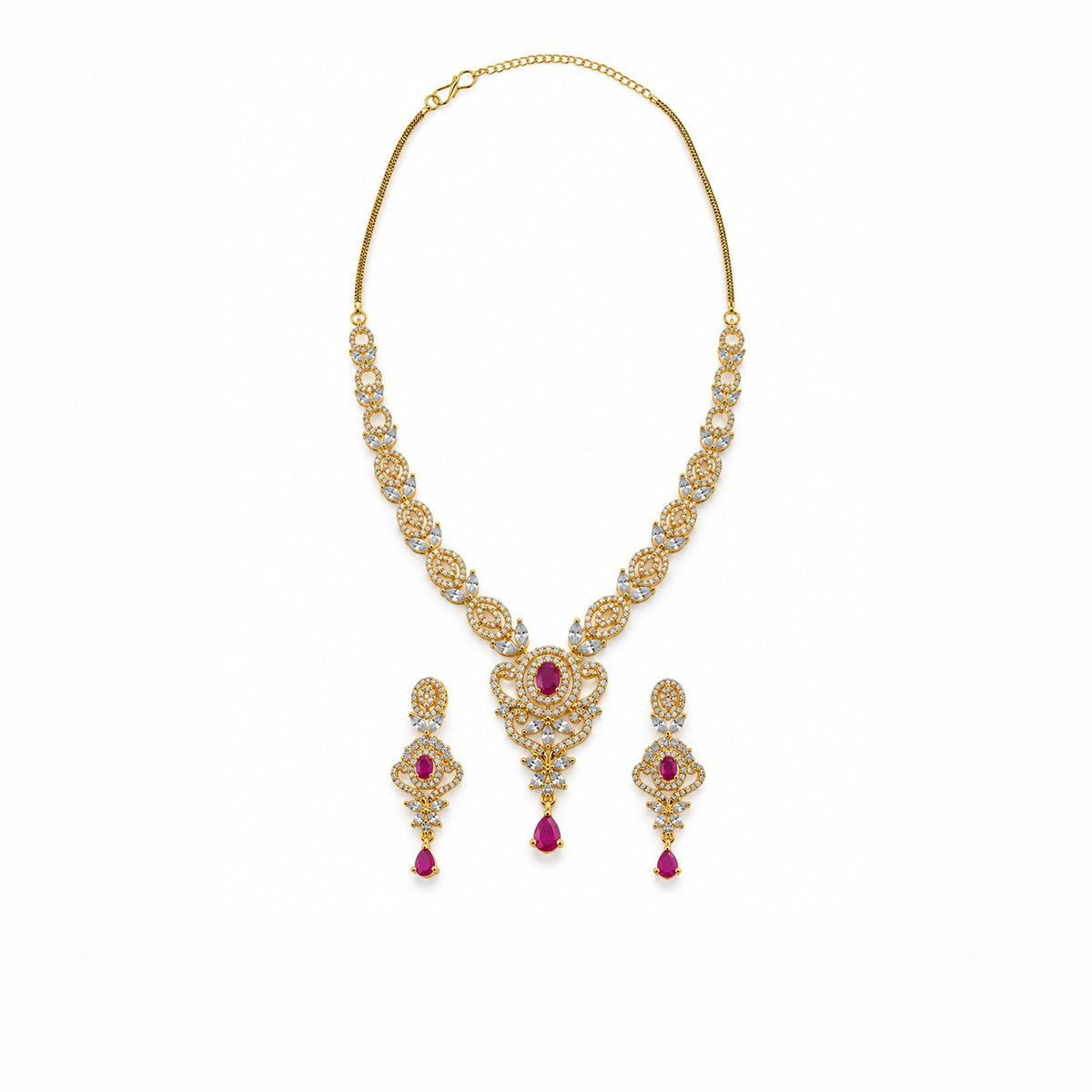 Gold Plated Ruby Stone Necklace Set with Earrings