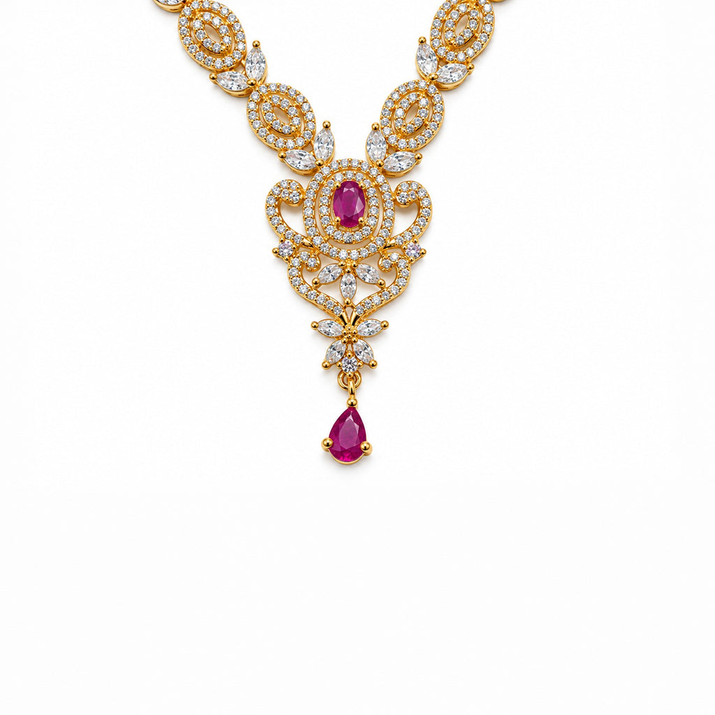 Gold Plated Ruby Stone Necklace Set with Earrings