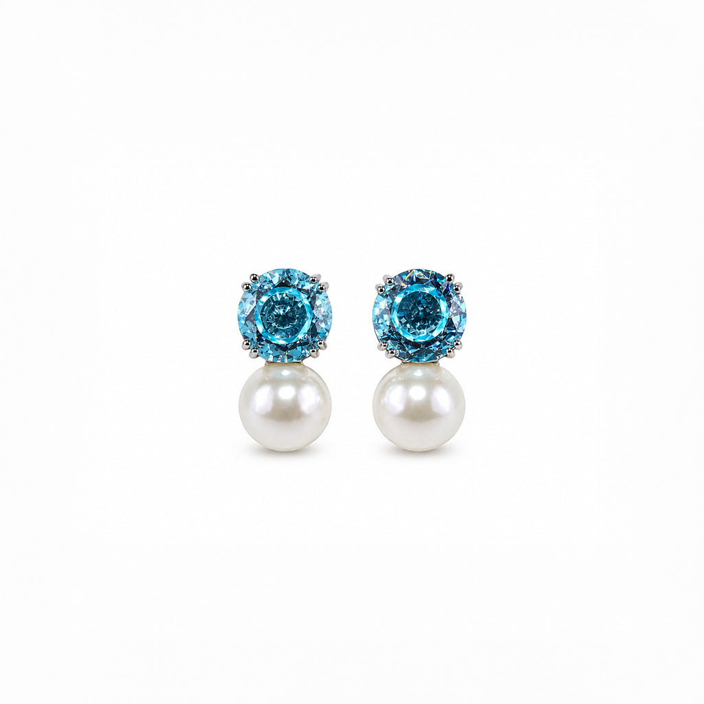 Blue Crystal Pearl Drop Stud Earrings