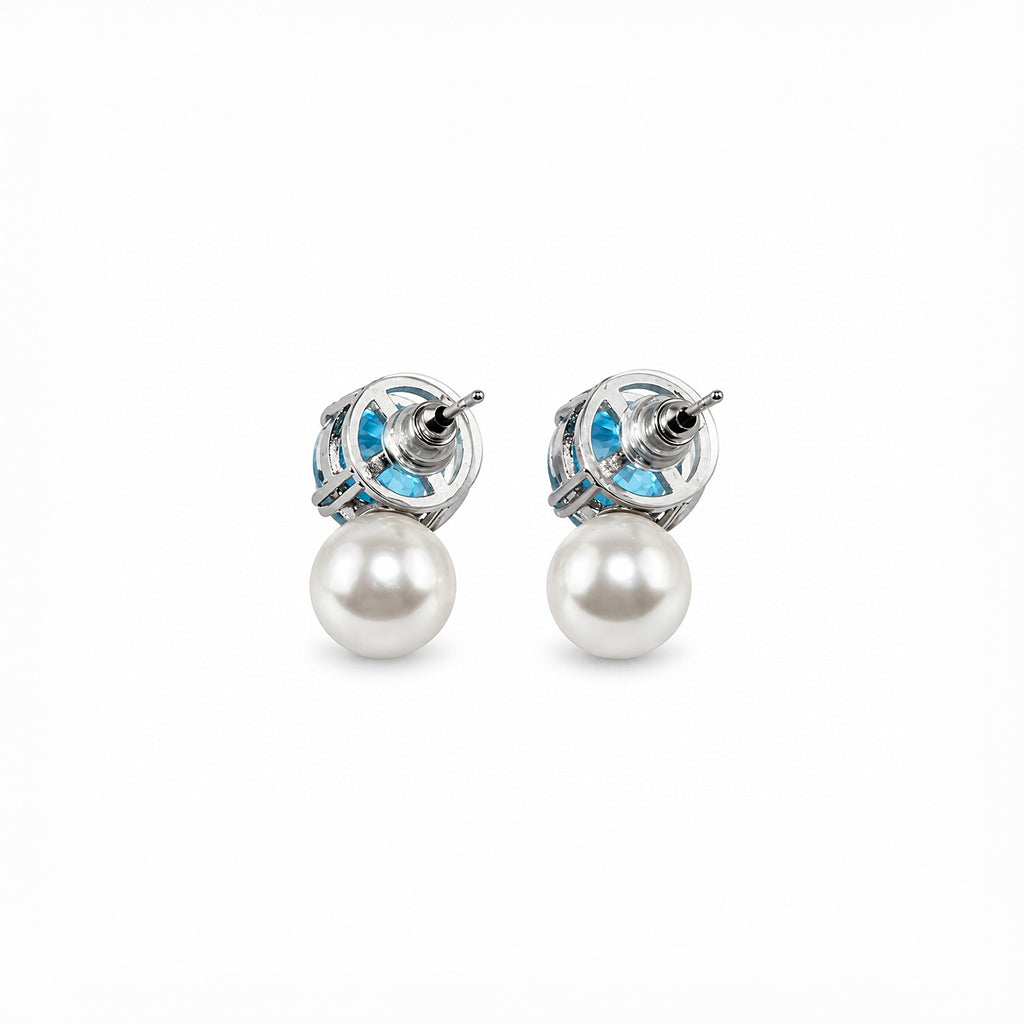 Blue Crystal Pearl Drop Stud Earrings