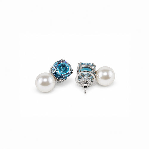 Blue Crystal Pearl Drop Stud Earrings