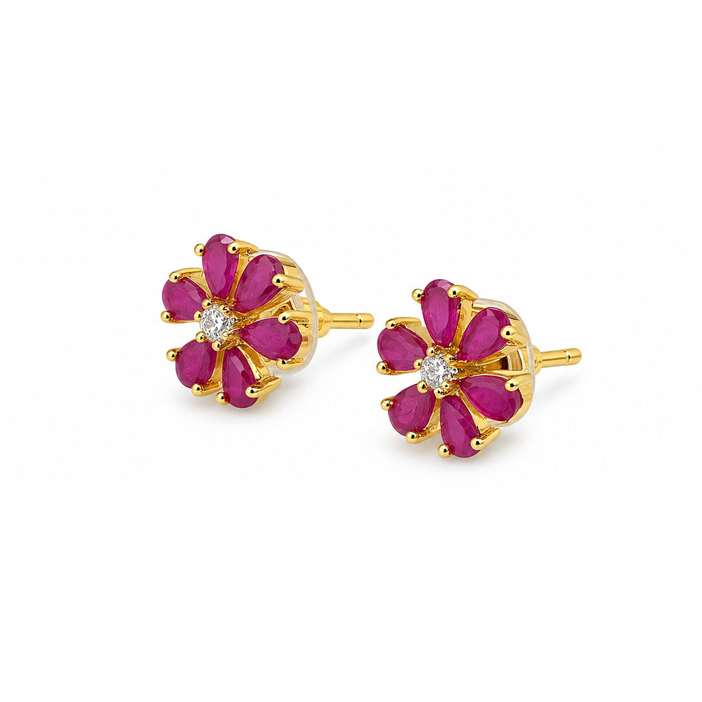 Ruby Red Flower Stud Earrings for Women