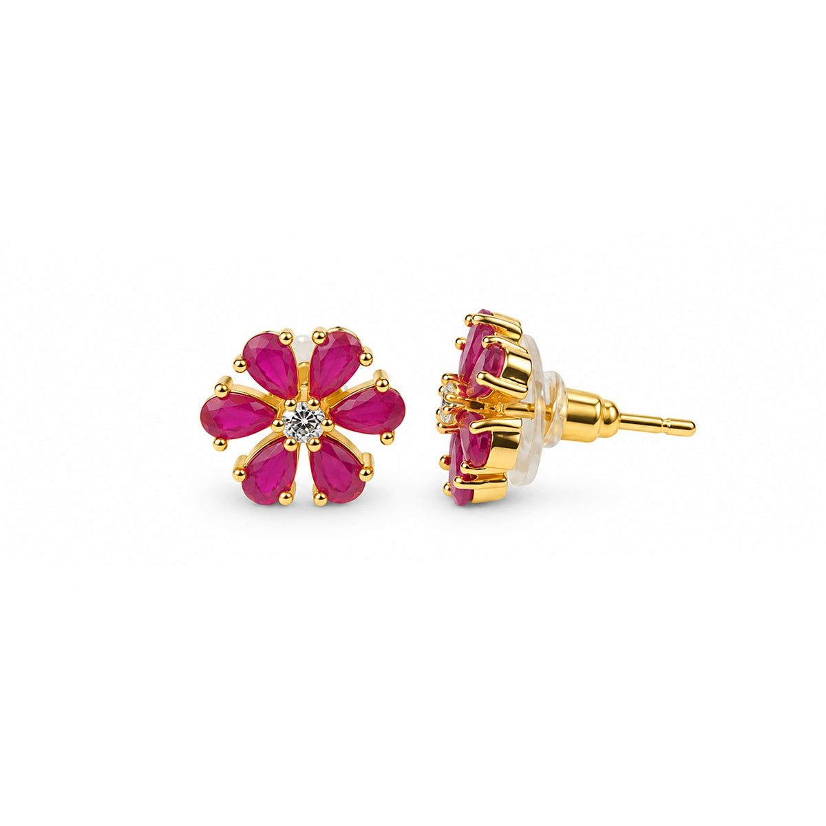Ruby Red Flower Stud Earrings for Women