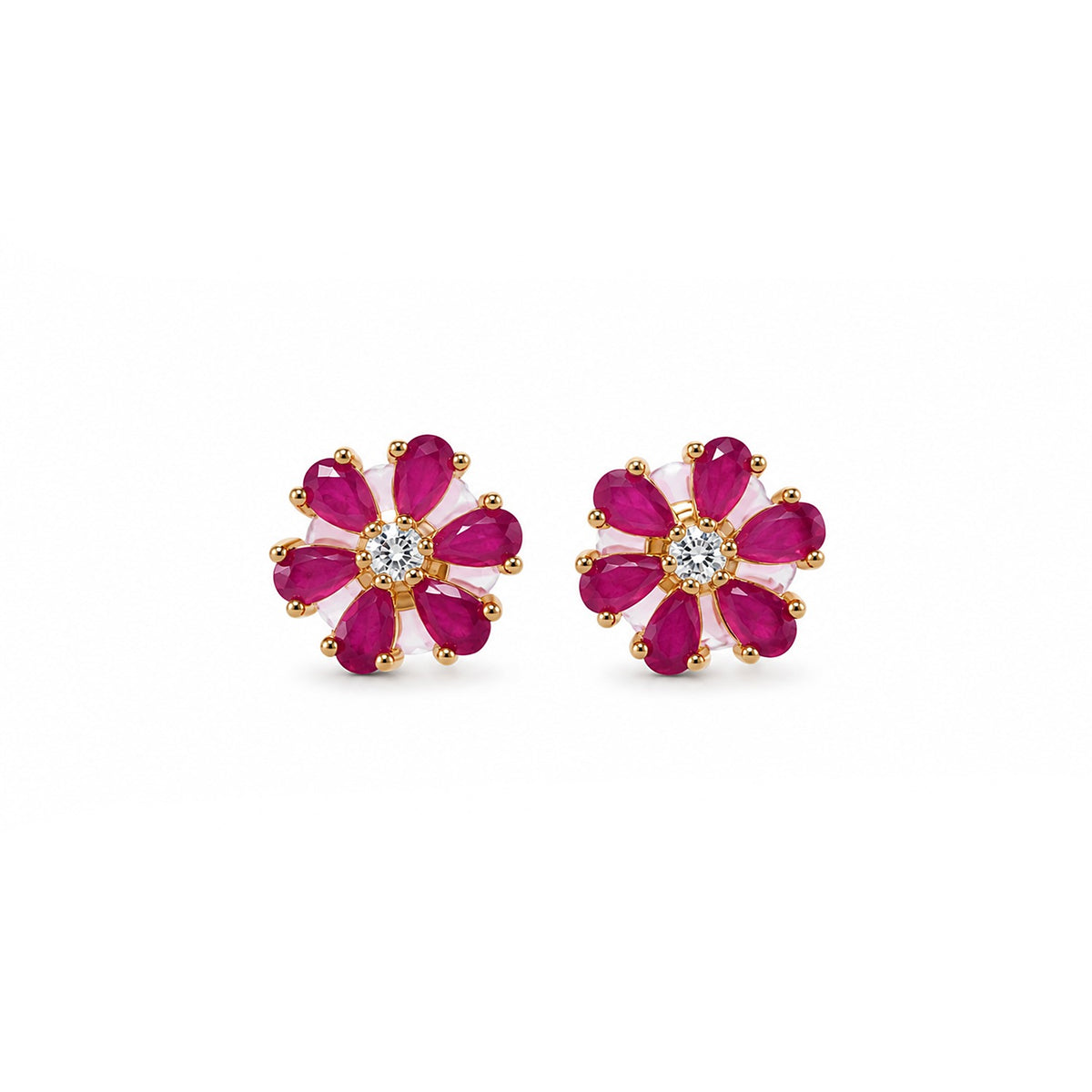 Ruby Red Flower Stud Earrings for Women