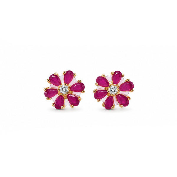 Ruby Red Flower Stud Earrings for Women