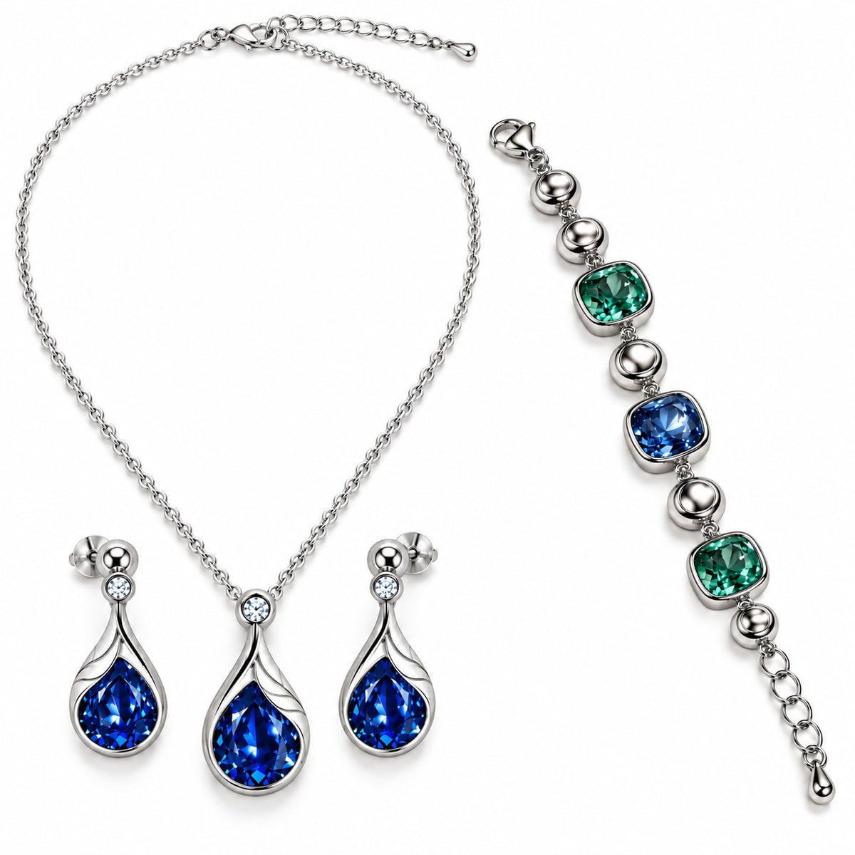 SILVER TONE BLUE CRYSTAL NECKLACE & BRACELET JEWELLERY SET