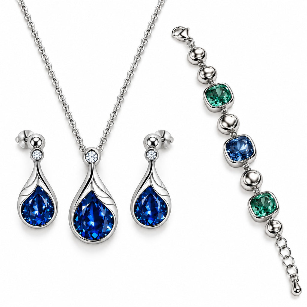 SILVER TONE BLUE CRYSTAL NECKLACE & BRACELET JEWELLERY SET