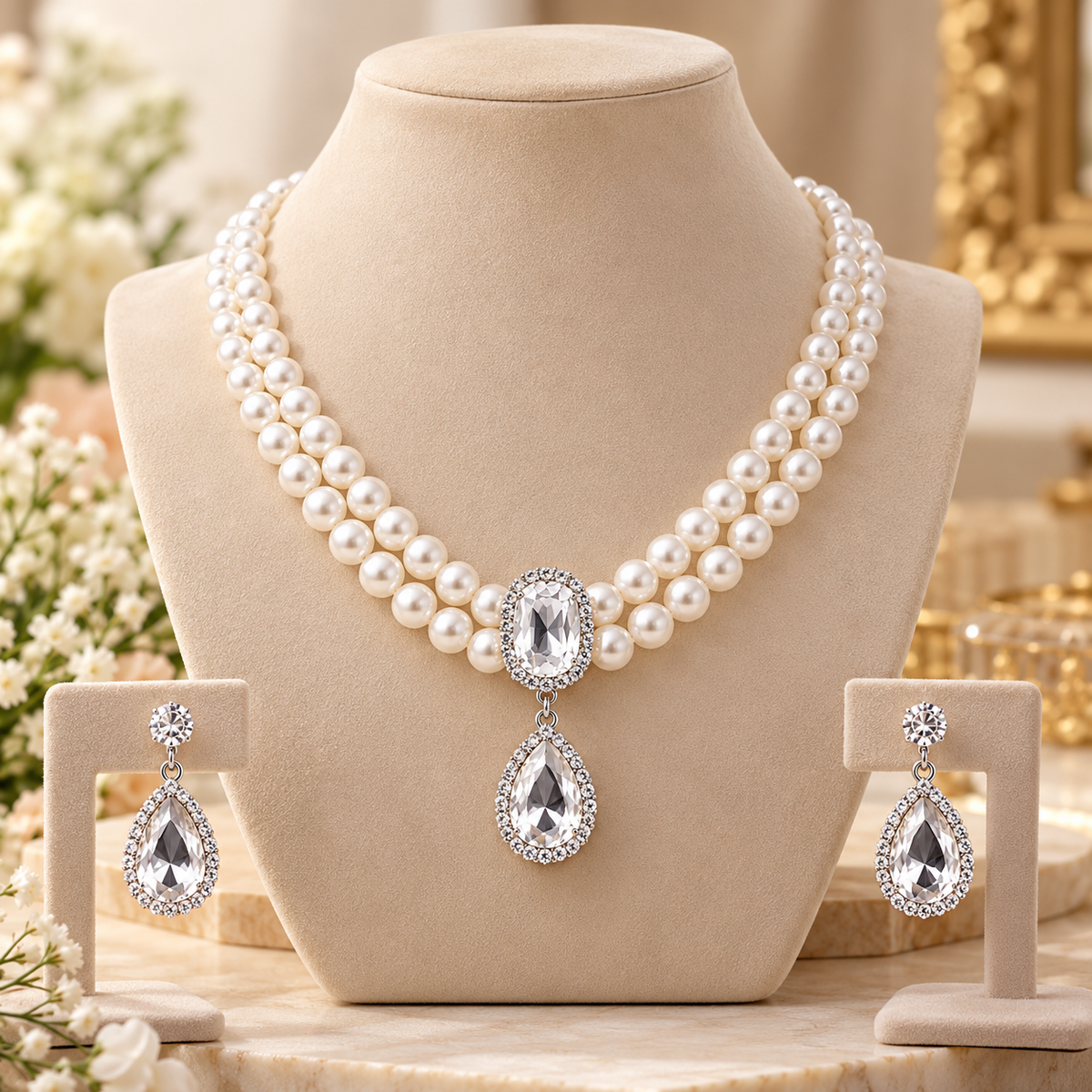 Royal Pearl Radiance Double-Layer Necklace & Crystal Drop Earrings Set for Women – Elegant Wedding & Party Jewellery