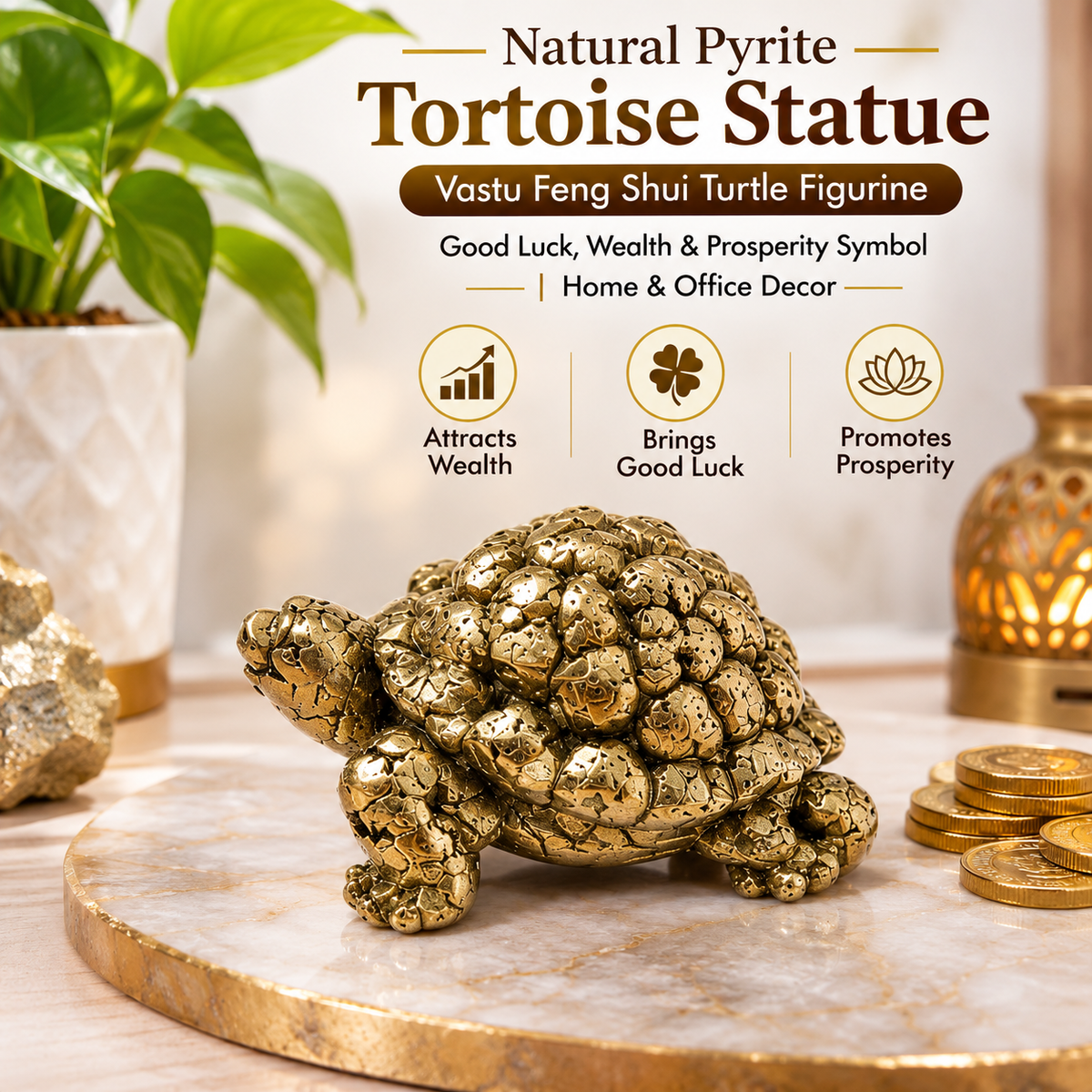 Natural Pyrite Tortoise Statue  | Golden Pyrite Turtle Figurine for Vastu, Feng Shui, Home & Office Décor |