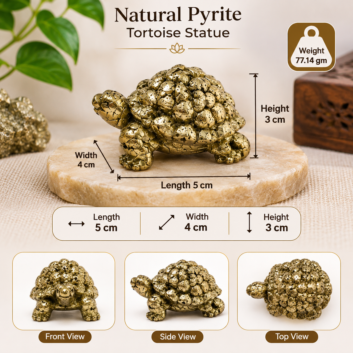 Natural Pyrite Tortoise Statue  | Golden Pyrite Turtle Figurine for Vastu, Feng Shui, Home & Office Décor |
