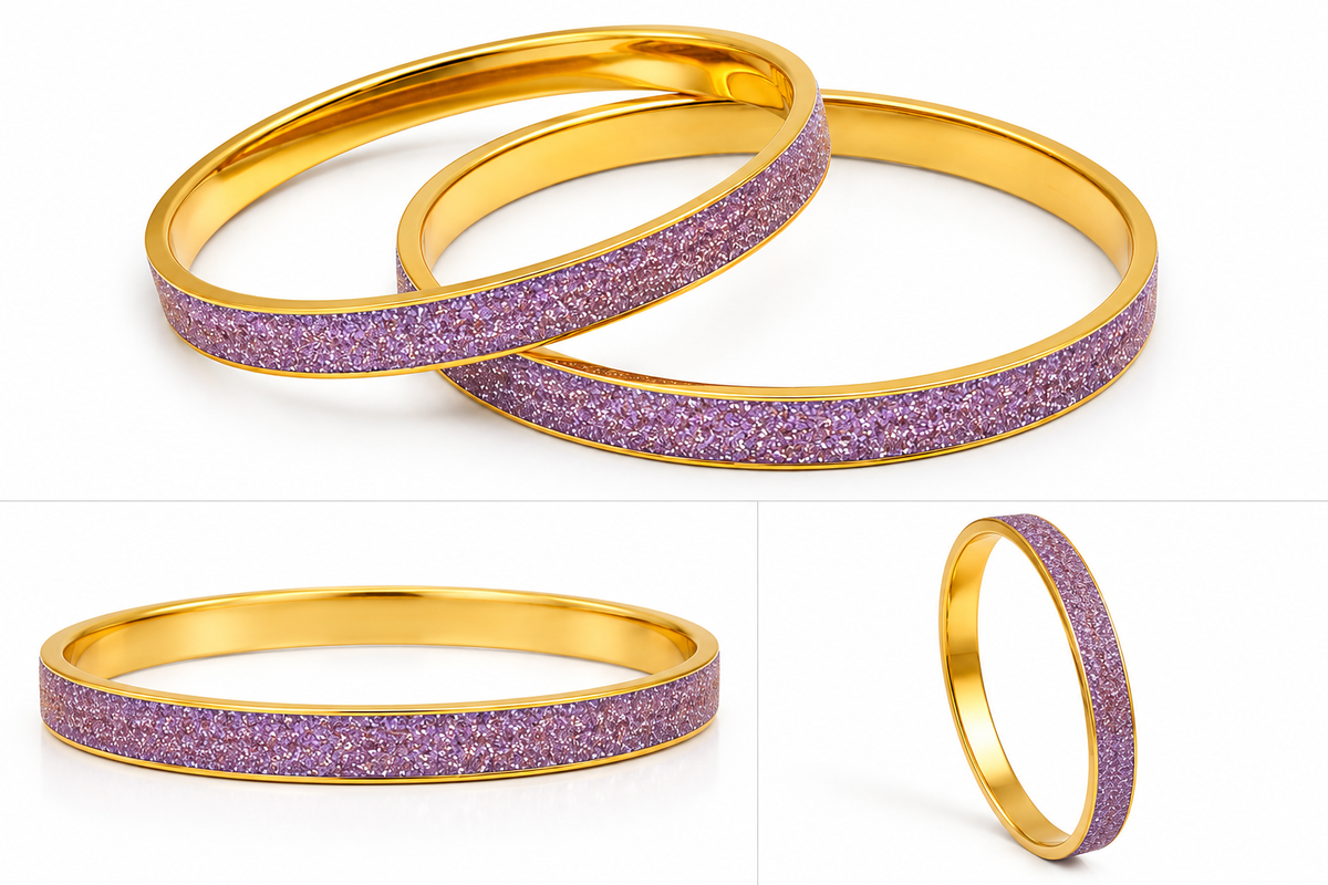 Lavender Sparkle Gold-Tone Glitter Bangles for Women – Set of 2 Elegant Purple Party Wear Bangles