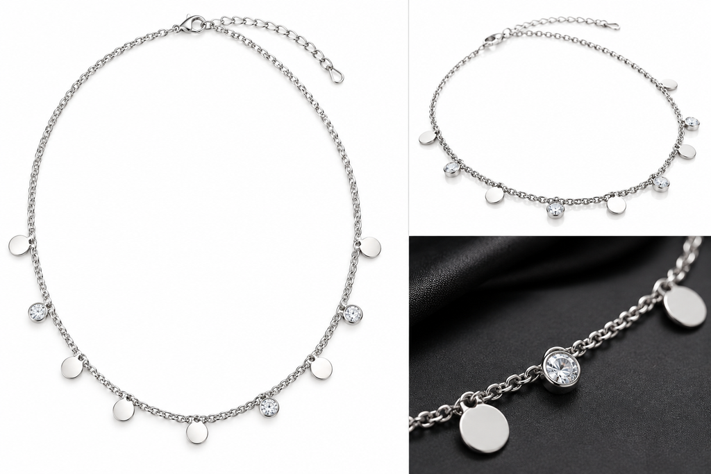 Luna Sparkle Silver-Tone Disc & Crystal Station Necklace