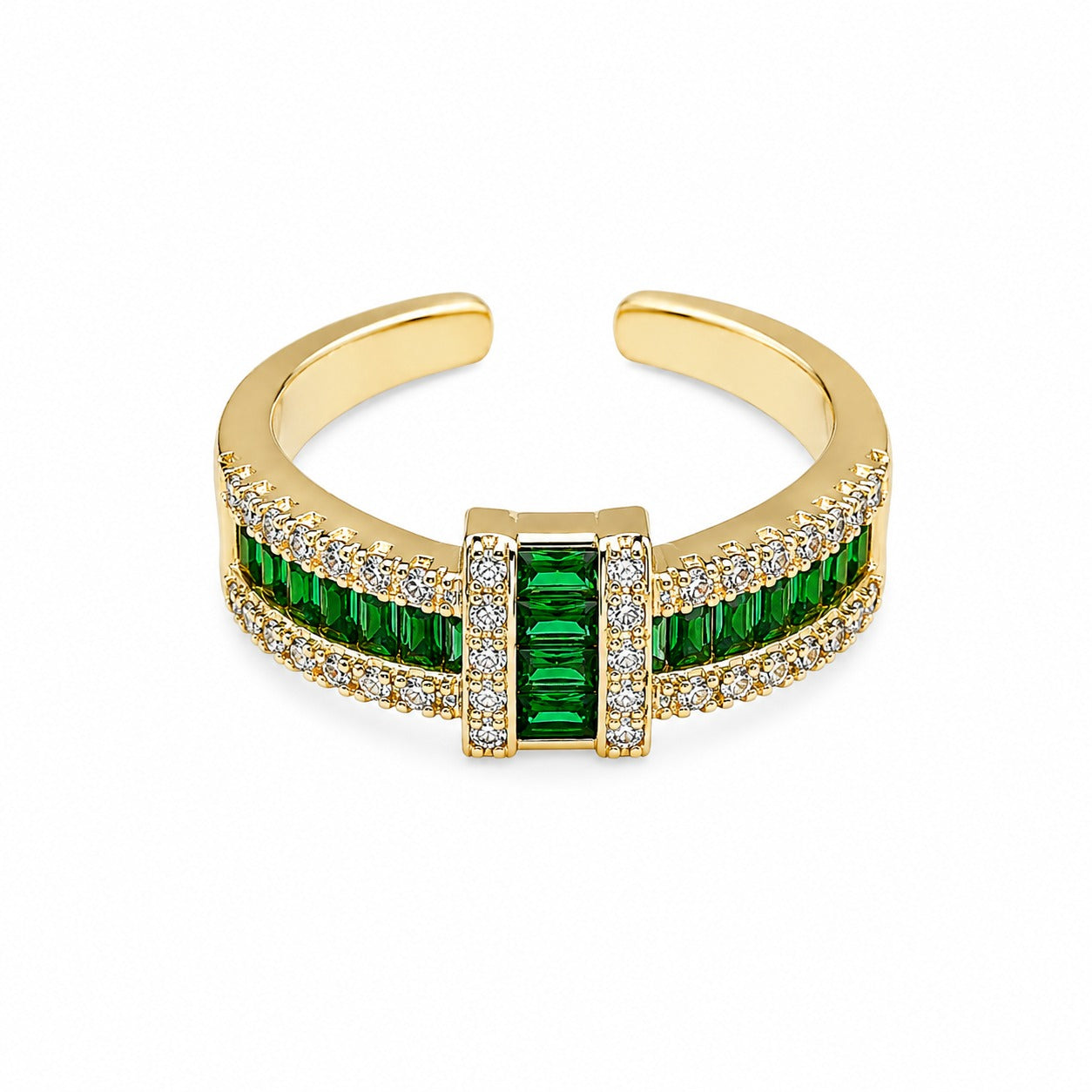 Emerald Luxe Gold-Tone Green Crystal Statement Ring for Women – Adjustable Cocktail & Party Ring