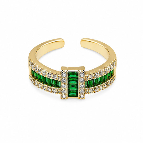Gold-Toned Green & White Stone Studded Open Cuff Finger Ring