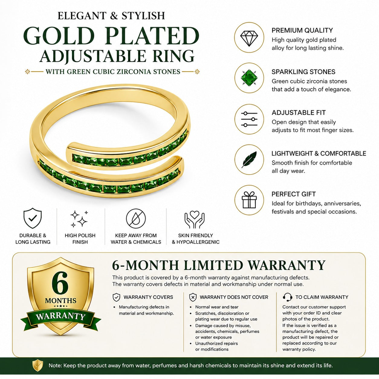 Emerald Glow Gold-Plated Adjustable Ring for Women – Green Cubic Zirconia Double Band Ring