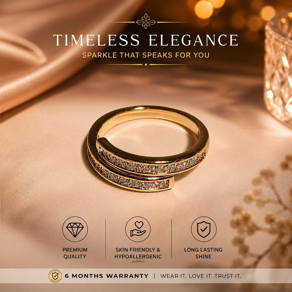 Golden Aura Gold-Plated Cubic Zirconia Double Band Ring for Women – Adjustable Statement Ring