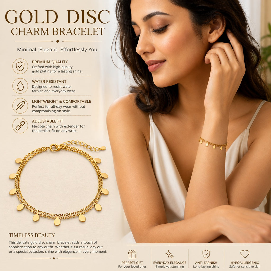 Golden Drops Gold-Plated Disc Charm Bracelet for Women – Double Layer Adjustable Minimalist Bracelet