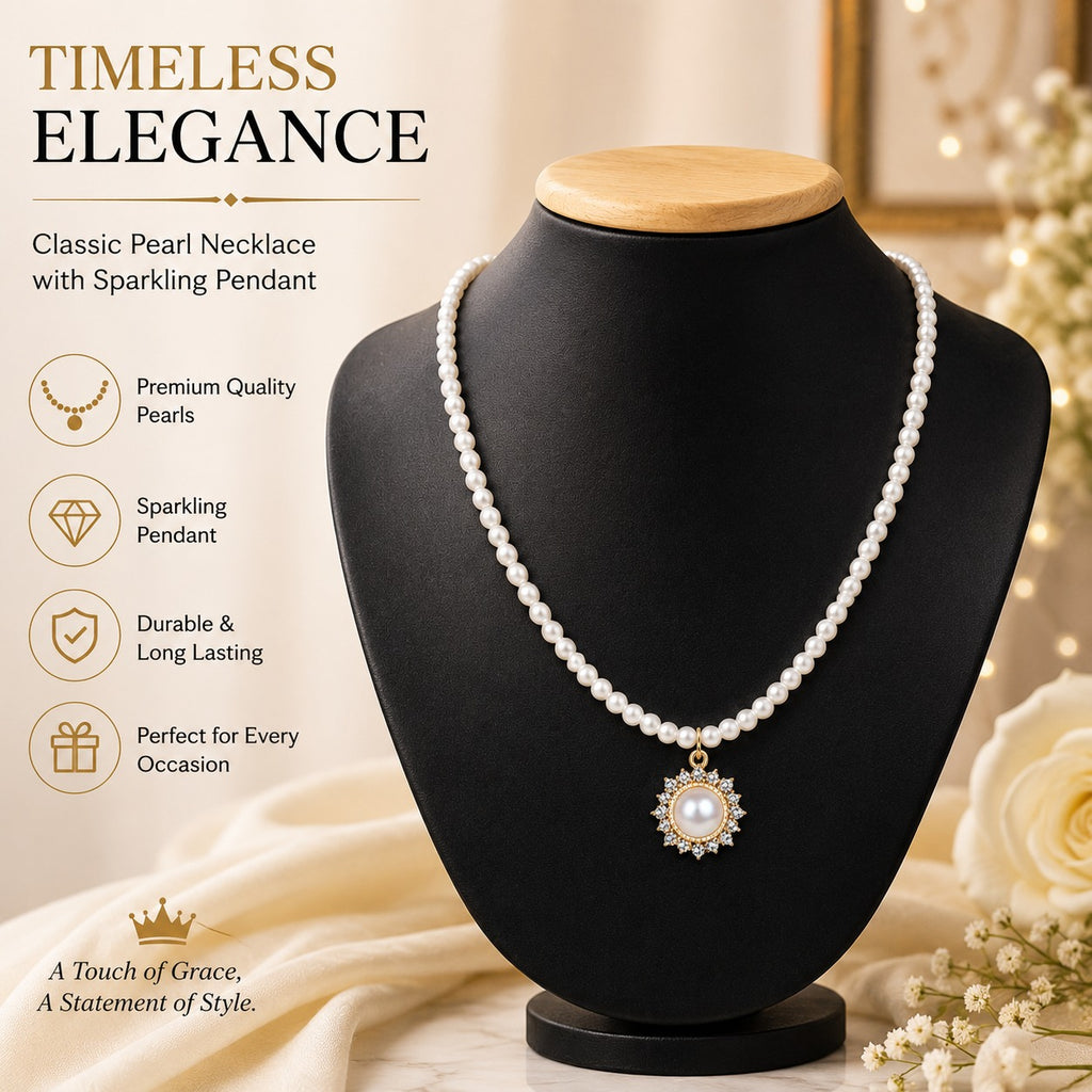 Pearl Royale Gold-Tone Sunburst Pendant Necklace for Women – Classic White Pearl Statement Necklace