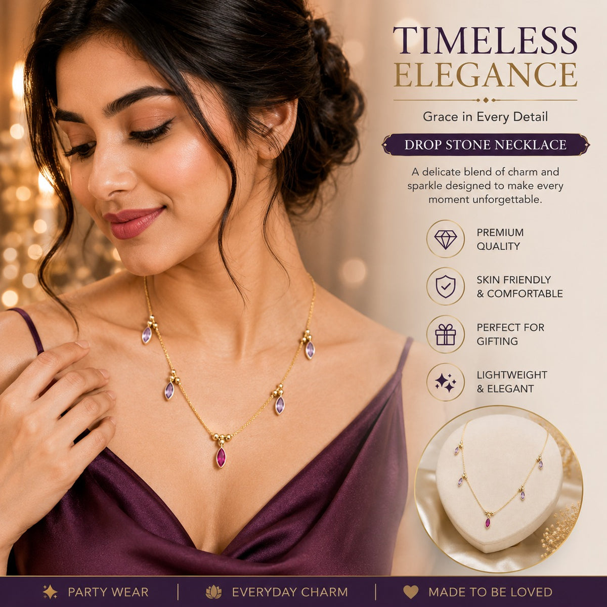 Amethyst Drop Gold-Tone Necklace for Women – Purple Crystal Charm Necklace for Party & Daily Wear