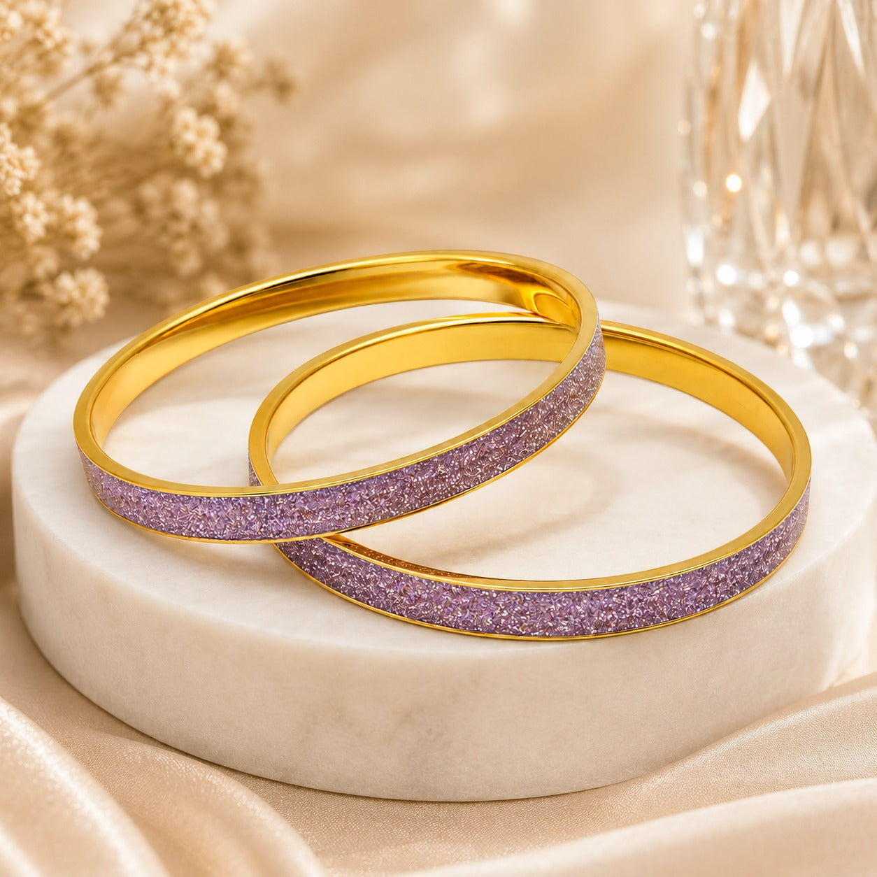 Lavender Sparkle Gold-Tone Glitter Bangles for Women – Set of 2 Elegant Purple Party Wear Bangles