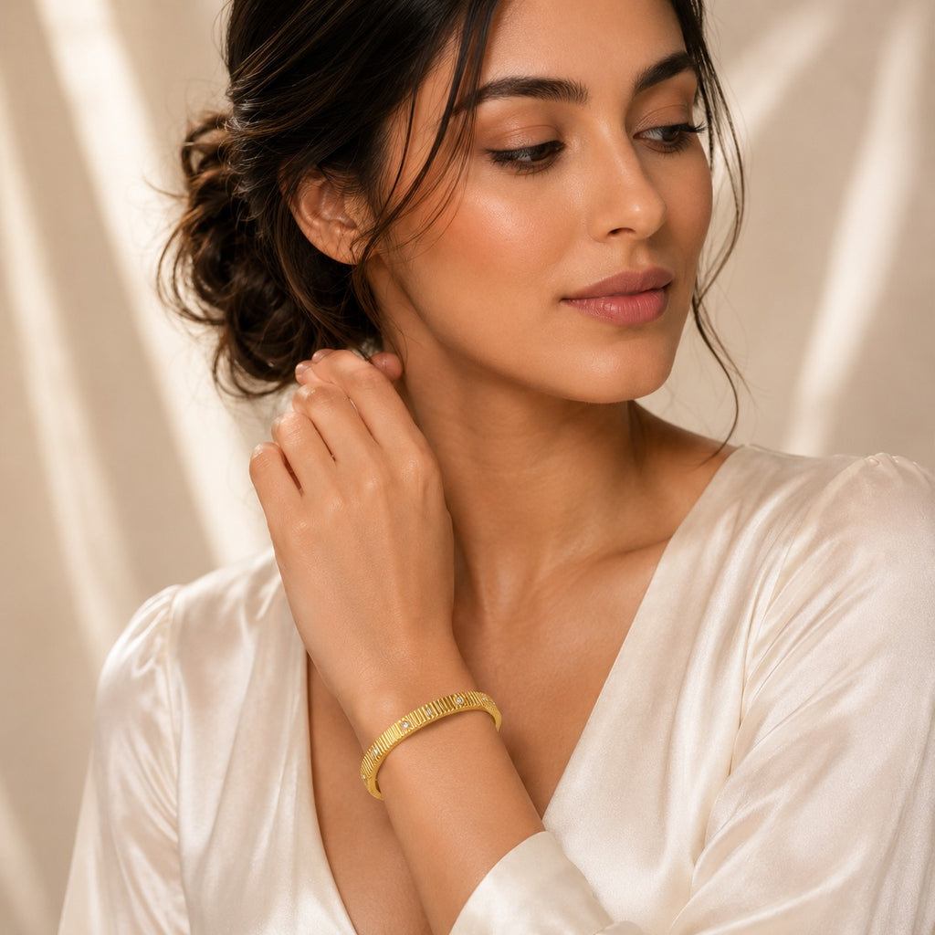 Golden Radiance Crystal Studded Bangle for Women – Elegant Gold-Tone Ribbed Kada Bracelet for Party & Daily Wear