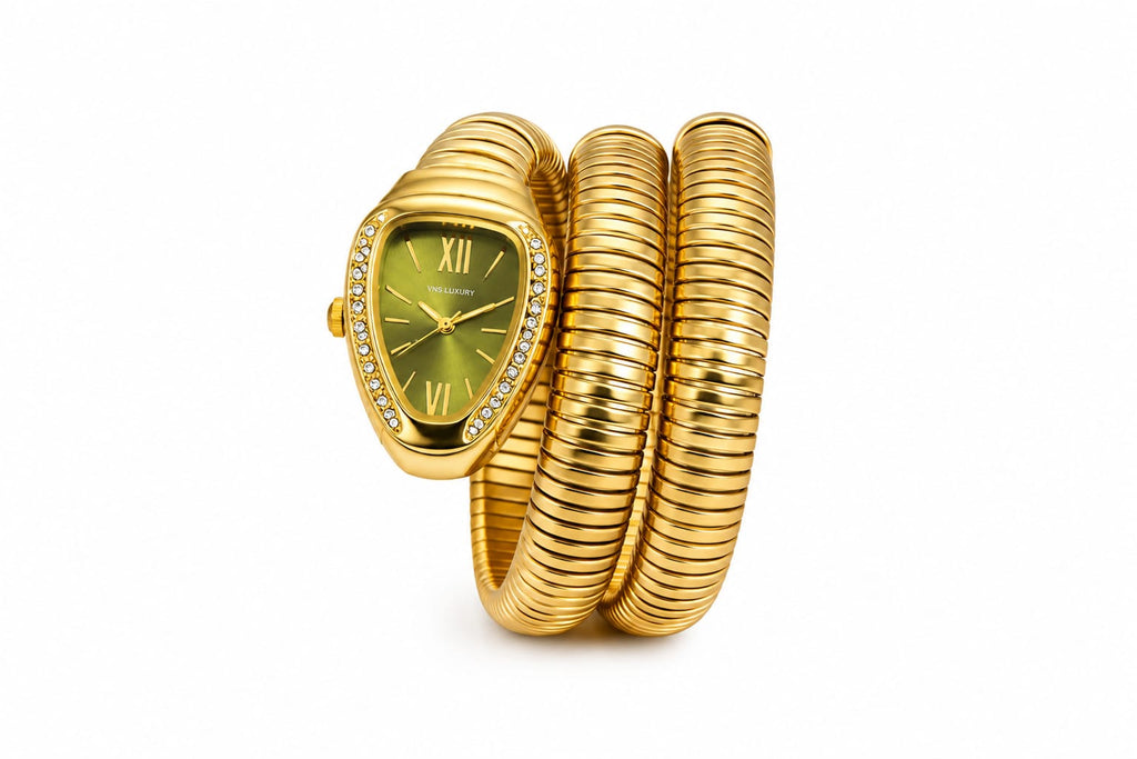 Emerald Glow Gold-Plated Coil Watch for Women – Green Dial Crystal Studded Stretchable Bracelet Watch