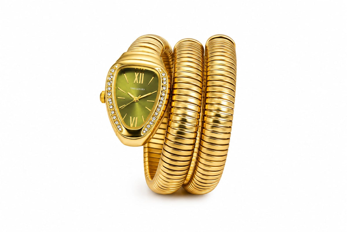 Emerald Glow Gold-Plated Coil Watch for Women – Green Dial Crystal Studded Stretchable Bracelet Watch