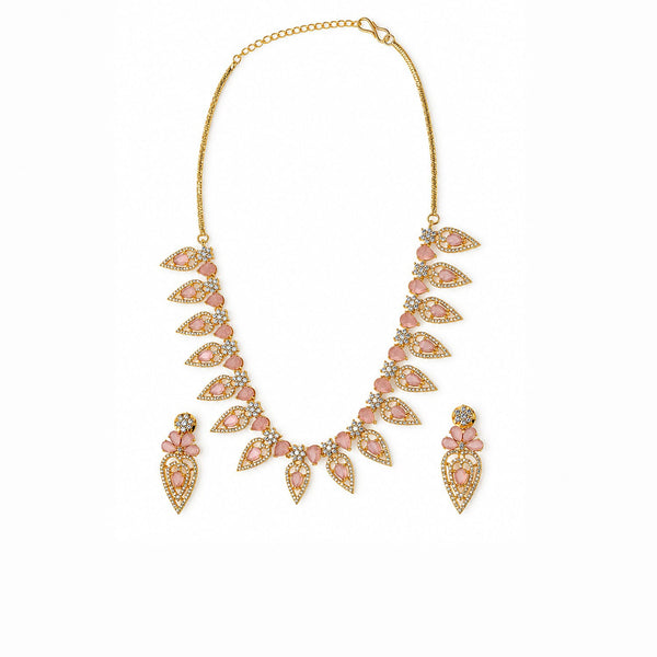 Gold Plated American Diamond (AD) Pink Stone Necklace Set