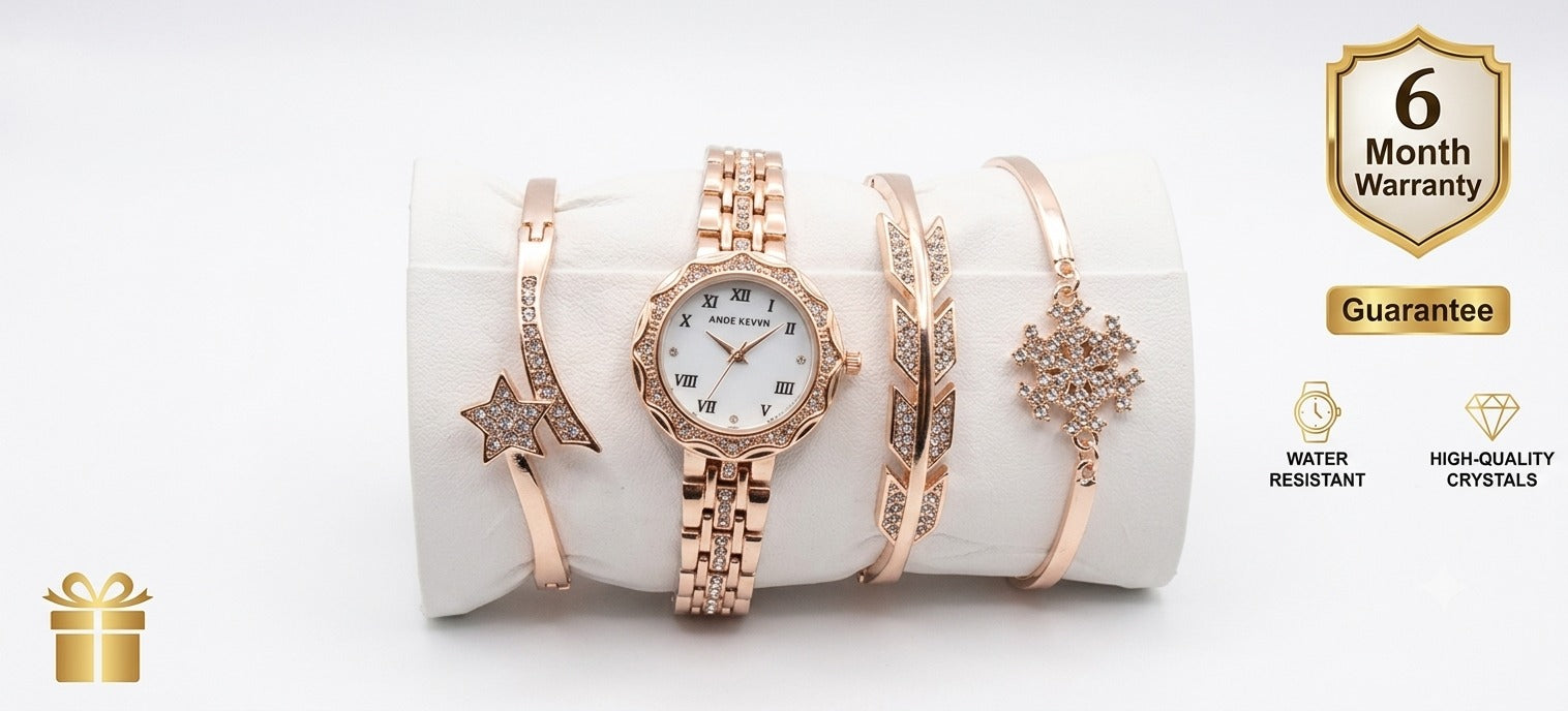 Elegant Rose Gold Women’s Watch &amp; Bracelet Gift Set