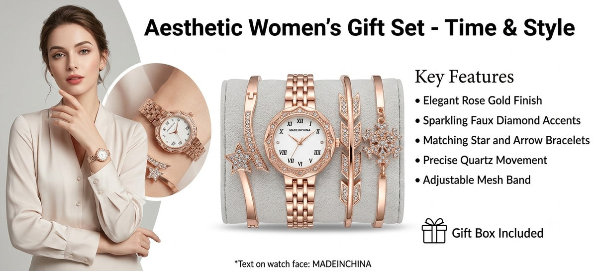 Elegant Rose Gold Women’s Watch &amp; Bracelet Gift Set